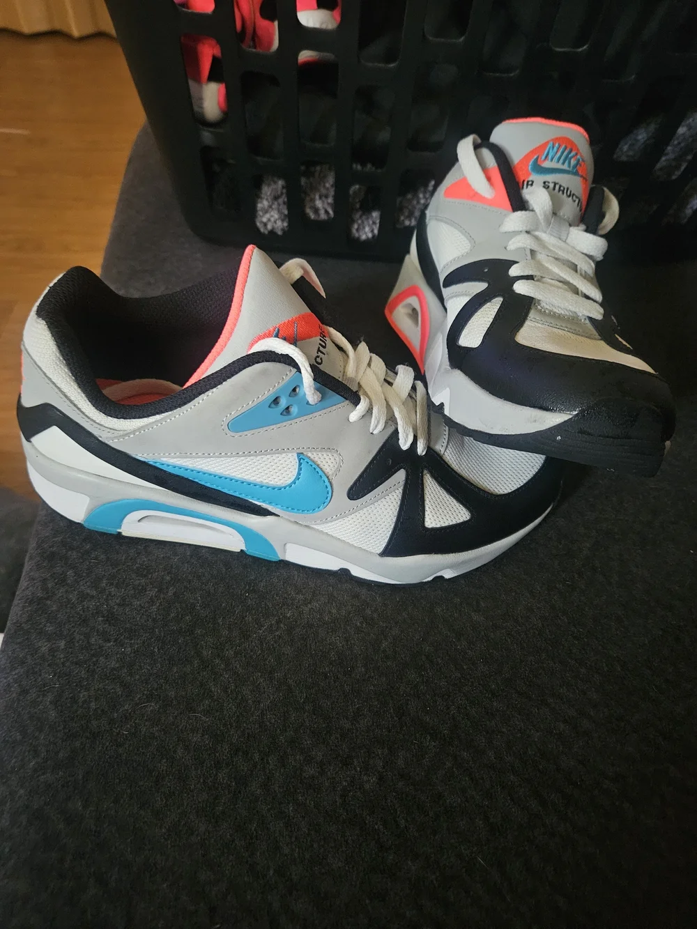Nike White, Black & Bright Blue Running Shoes with Coral Accents